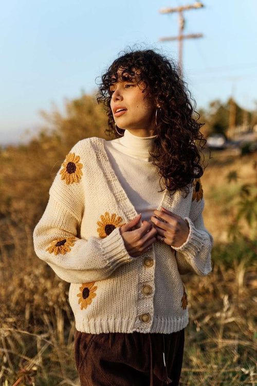 Sunflower Embroidered V Neck Cardigan - Chandeliers Boutique ny