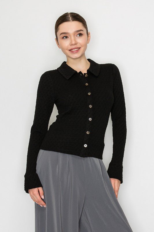 Textured Collar Button Down Shirt - Chandeliers Boutique ny