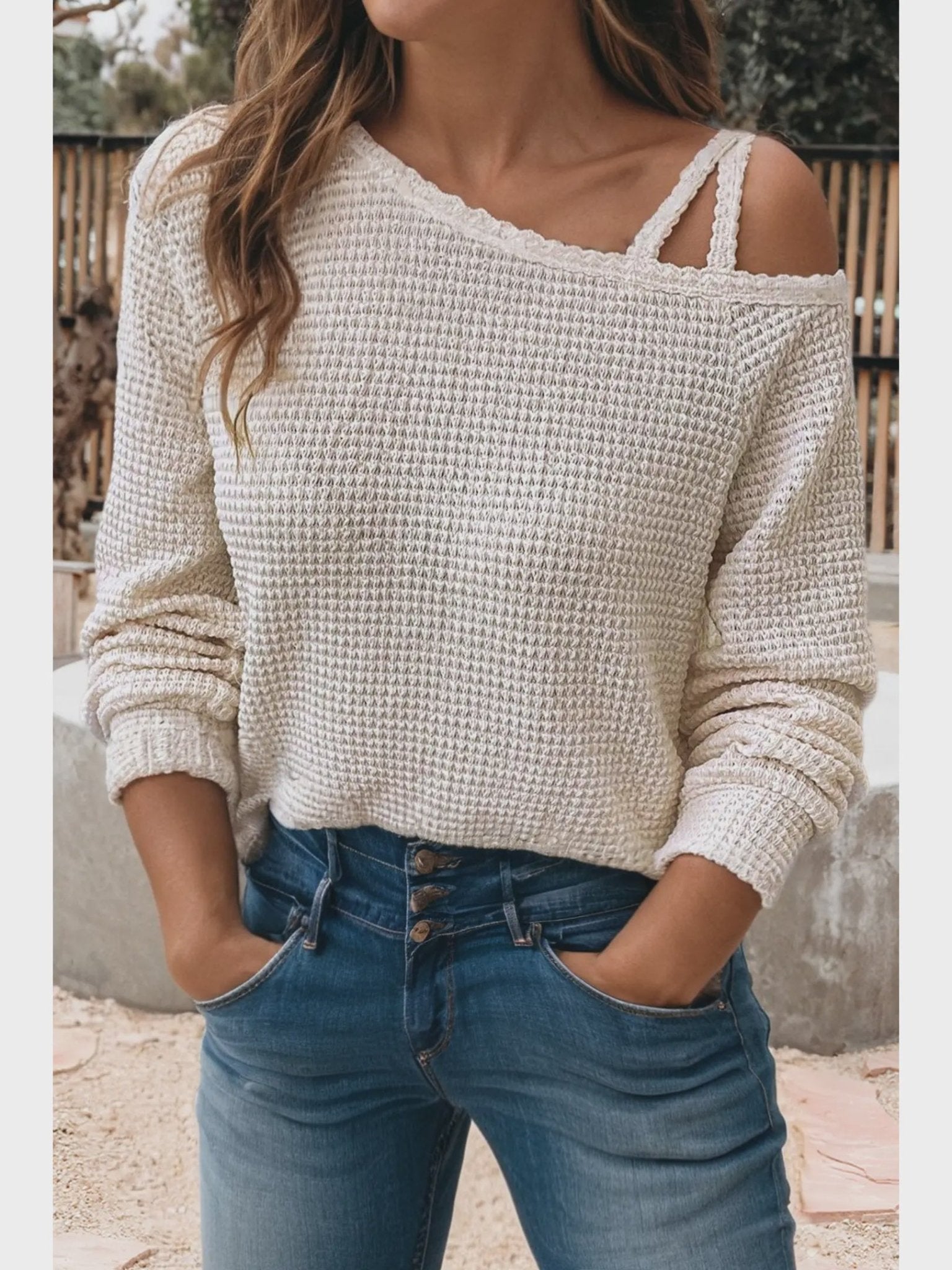 Textured Knit Shoulder Long Sleeve Top - Chandeliers Boutique ny