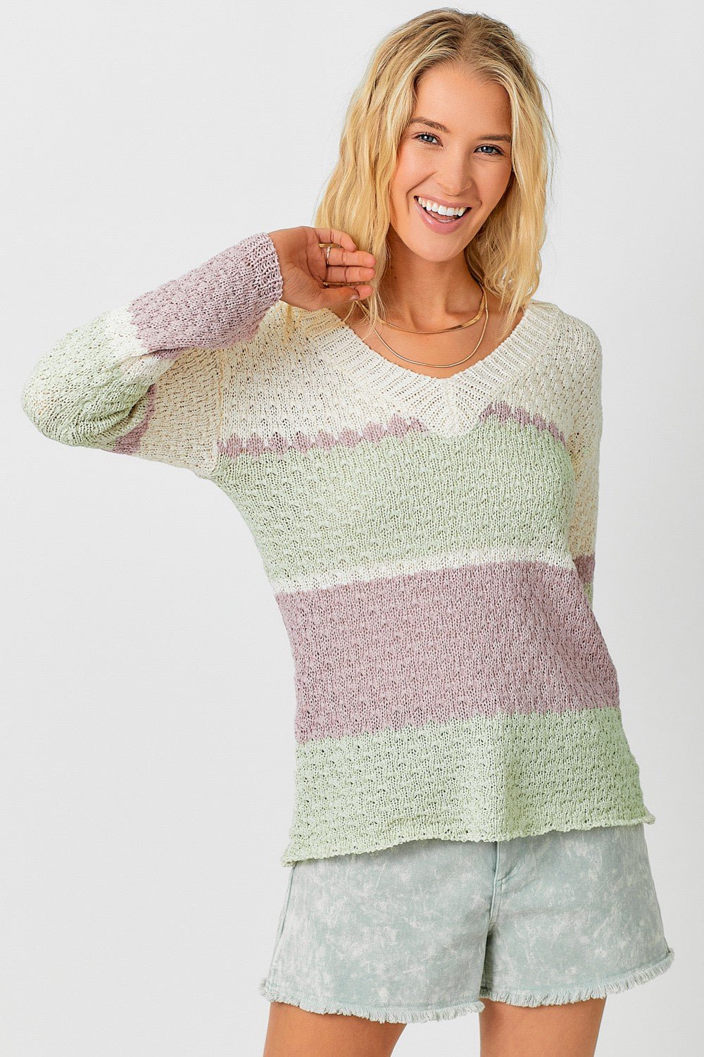 Textured Multistripe Deep V - neck Sweater - Chandeliers Boutique ny