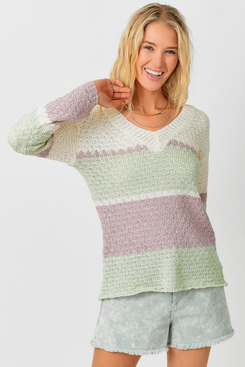 Textured Multistripe Deep V - neck Sweater - Chandeliers Boutique ny