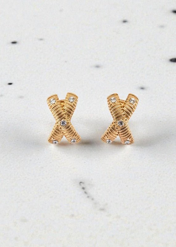 Textured X CZ Stud Earrings - Chandeliers Boutique ny