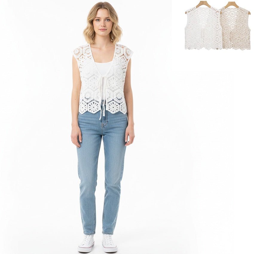 Tie Front Crochet Vest - Chandeliers Boutique ny