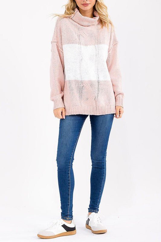 Turtle Neck Knit Pullover Colorblock Sweater - Chandeliers Boutique ny