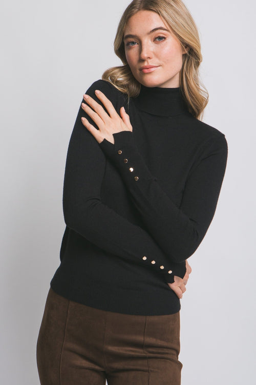 Turtleneck Sweater W Gold Buttons On Sleeve - Chandeliers Boutique ny