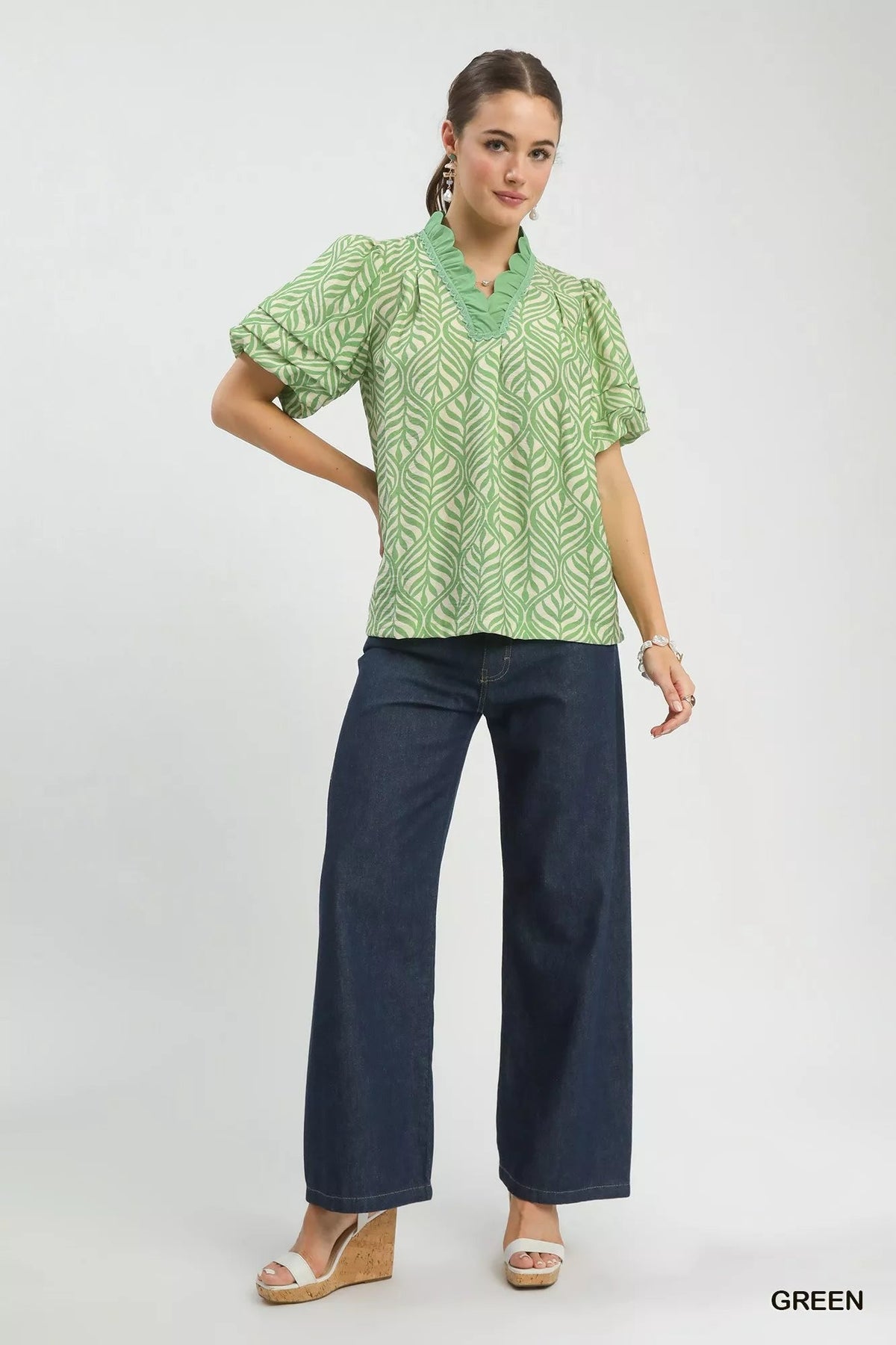 Umgee Printed Puff Sleeve Ruffle Neck Top - Chandeliers Boutique ny