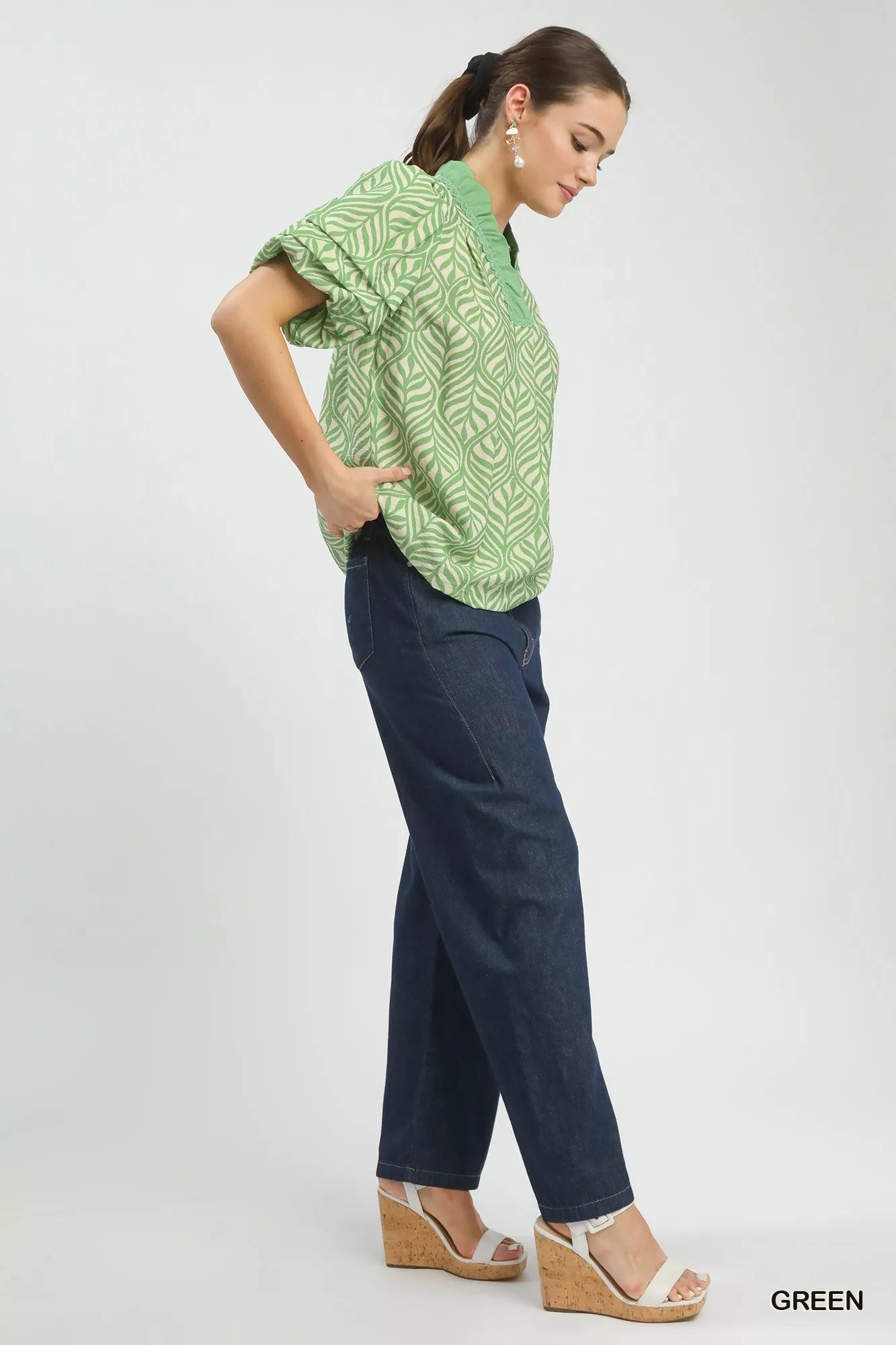 Umgee Printed Puff Sleeve Ruffle Neck Top - Chandeliers Boutique ny