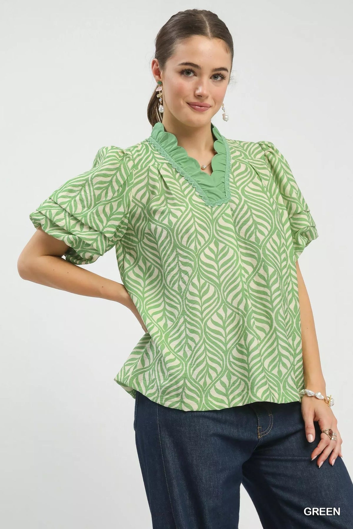 Umgee Printed Puff Sleeve Ruffle Neck Top - Chandeliers Boutique ny