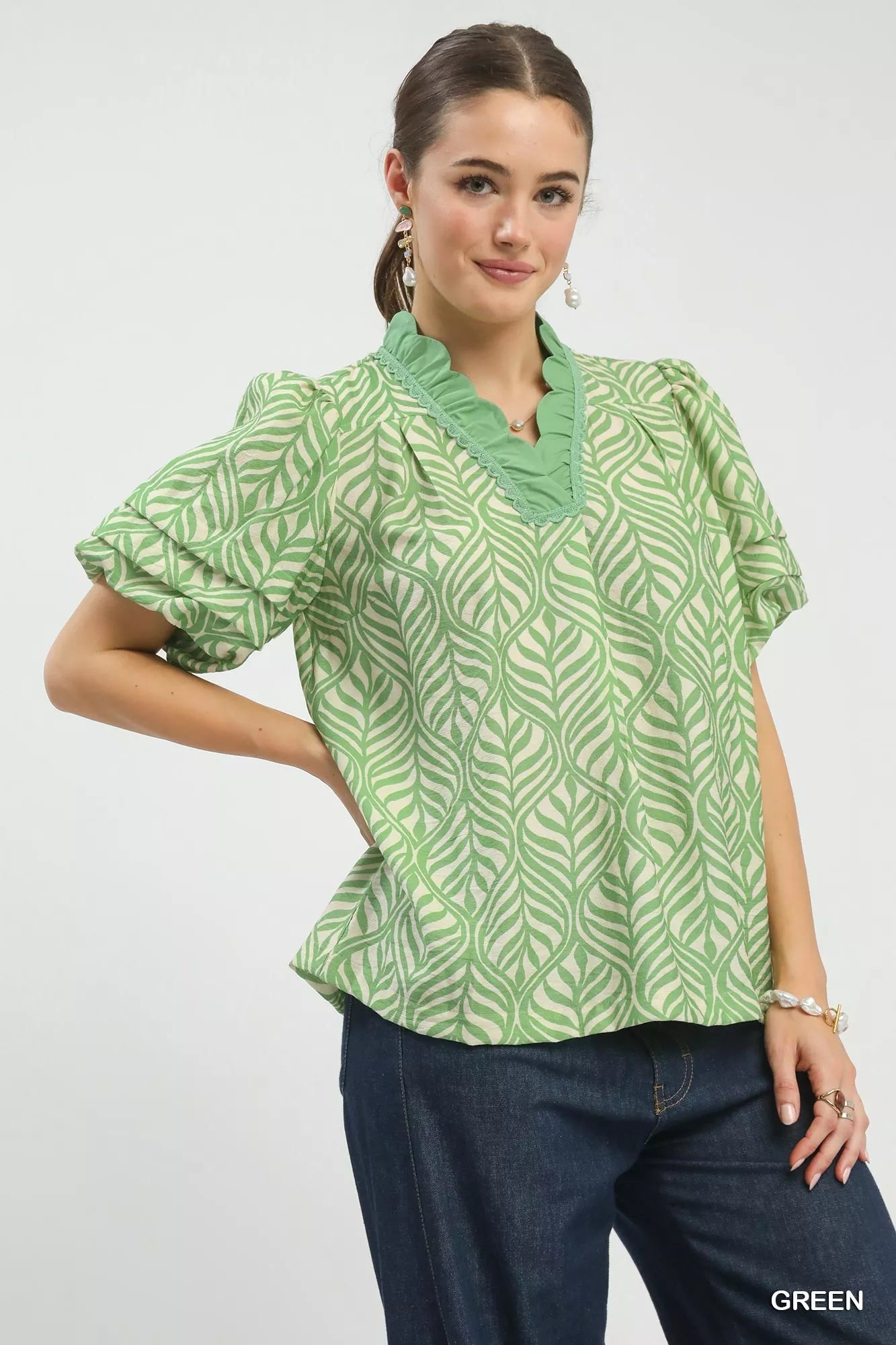 Umgee Printed Puff Sleeve Ruffle Neck Top - Chandeliers Boutique ny