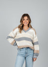 V - Neck Balloon Sleeve Pattern Striped Sweater - Chandeliers Boutique ny