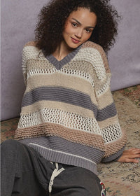V - Neck Balloon Sleeve Pattern Striped Sweater - Chandeliers Boutique ny