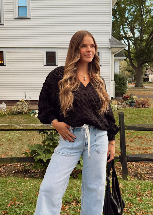 V - Neck Semi Cropped Top in Chenille Sweater - Chandeliers Boutique ny