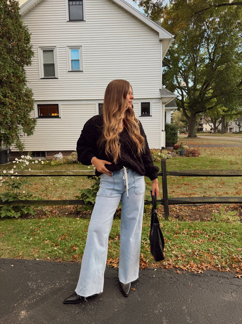 V - Neck Semi Cropped Top in Chenille Sweater - Chandeliers Boutique ny