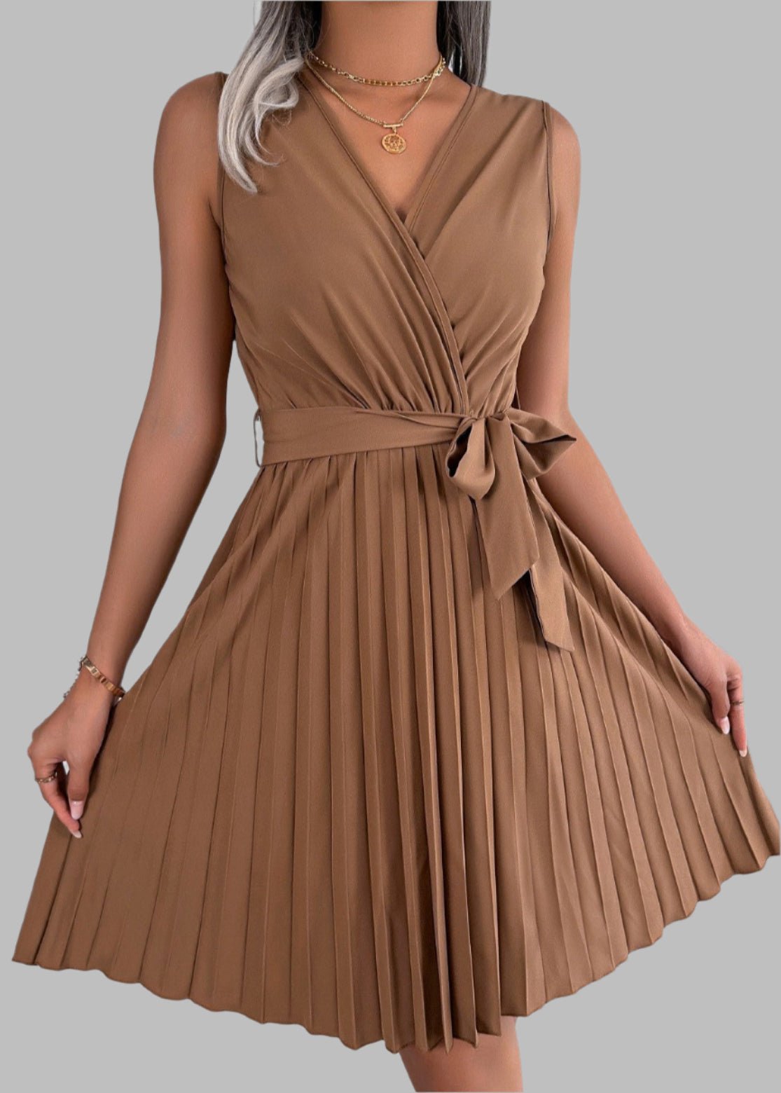 V - neck Sleeveless Pleated Dress - Chandeliers Boutique ny