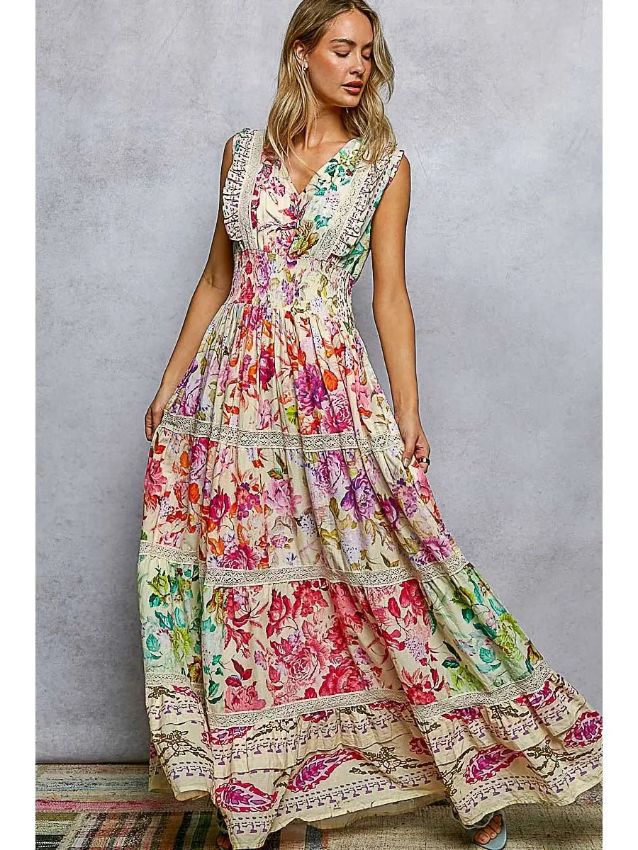 V - Neck Smocked Waist Ruffle Floral Maxi Dress - Chandeliers Boutique ny