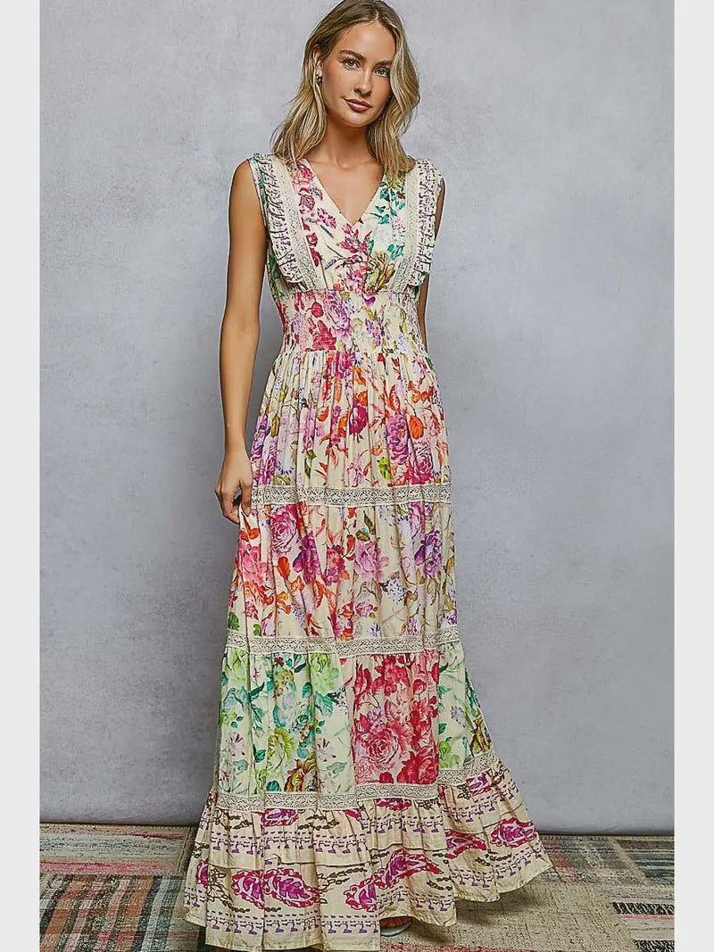 V - Neck Smocked Waist Ruffle Floral Maxi Dress - Chandeliers Boutique ny