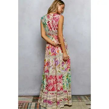 V - Neck Smocked Waist Ruffle Floral Maxi Dress - Chandeliers Boutique ny