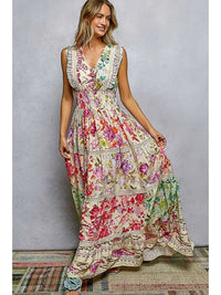 V - Neck Smocked Waist Ruffle Floral Maxi Dress - Chandeliers Boutique ny