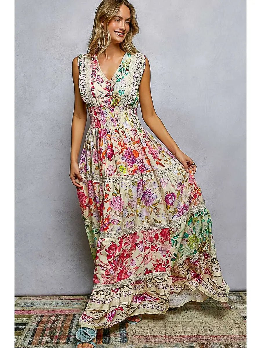 V - Neck Smocked Waist Ruffle Floral Maxi Dress - Chandeliers Boutique ny