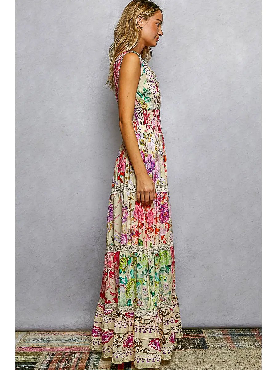 V - Neck Smocked Waist Ruffle Floral Maxi Dress - Chandeliers Boutique ny