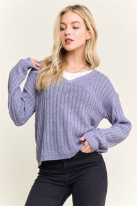 V - Neck Striped Ribbed Sweater Top - Chandeliers Boutique ny