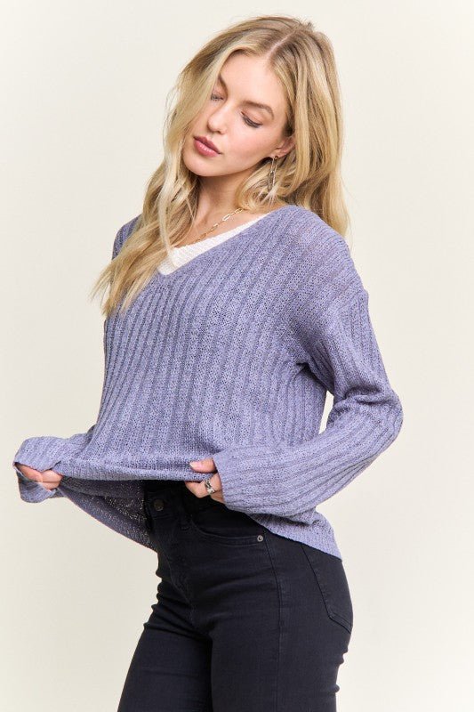 V - Neck Striped Ribbed Sweater Top - Chandeliers Boutique ny