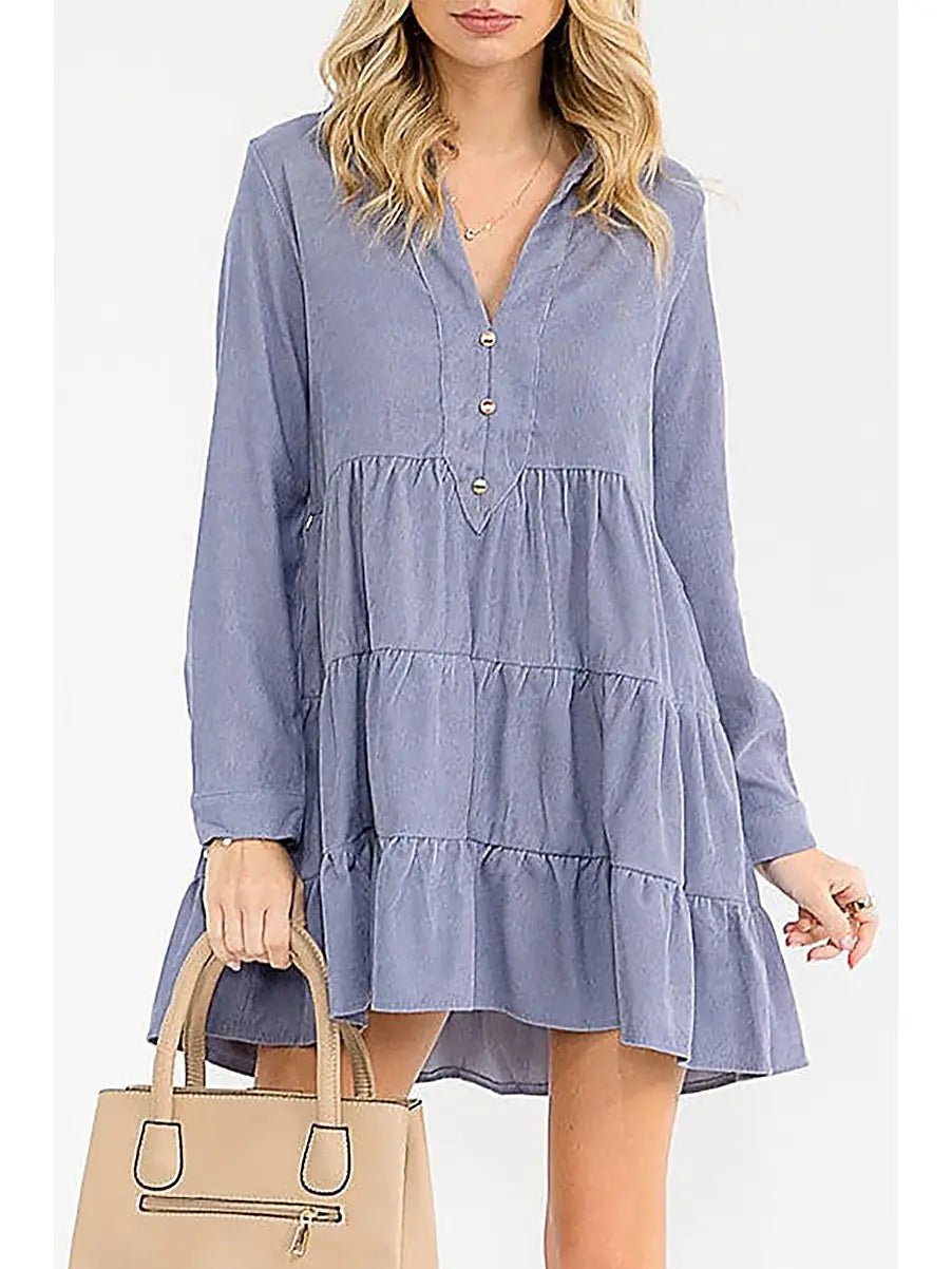 V - Neck Tiered Tunic Corduroy Mini Dress - Chandeliers Boutique ny