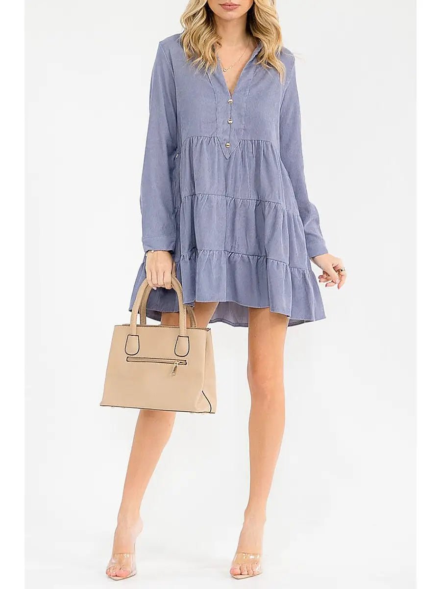 V - Neck Tiered Tunic Corduroy Mini Dress - Chandeliers Boutique ny