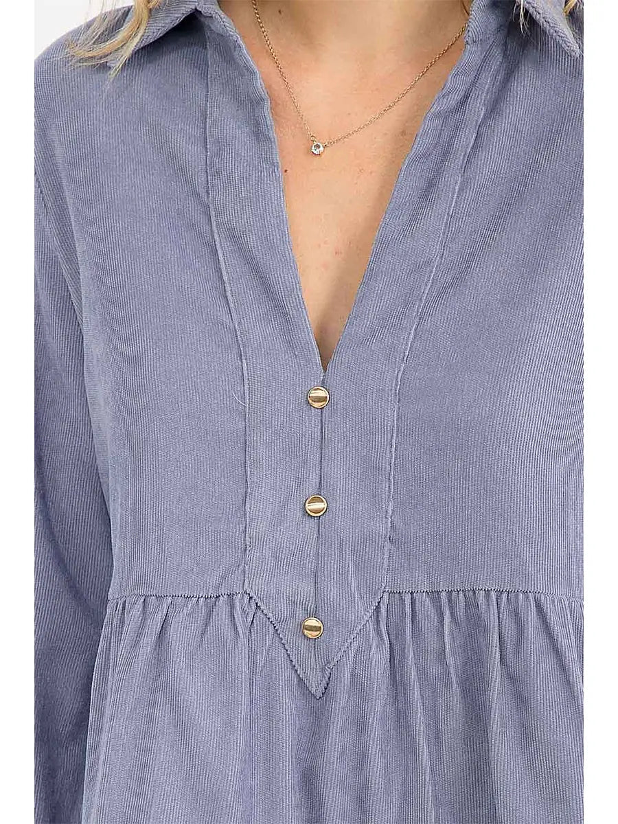 V - Neck Tiered Tunic Corduroy Mini Dress - Chandeliers Boutique ny