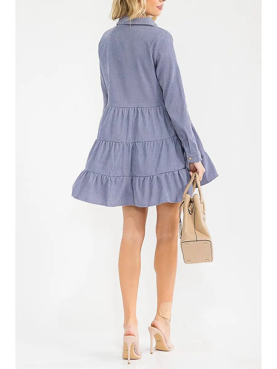 V - Neck Tiered Tunic Corduroy Mini Dress - Chandeliers Boutique ny