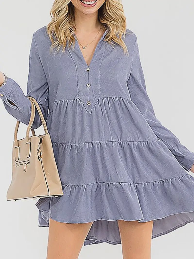 V - Neck Tiered Tunic Corduroy Mini Dress - Chandeliers Boutique ny