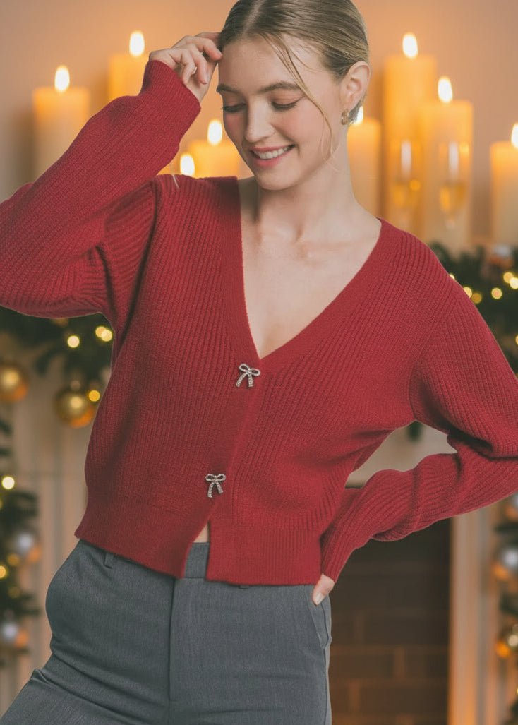 V - Neckline Rhinestone Bow Cardigan - Chandeliers Boutique ny