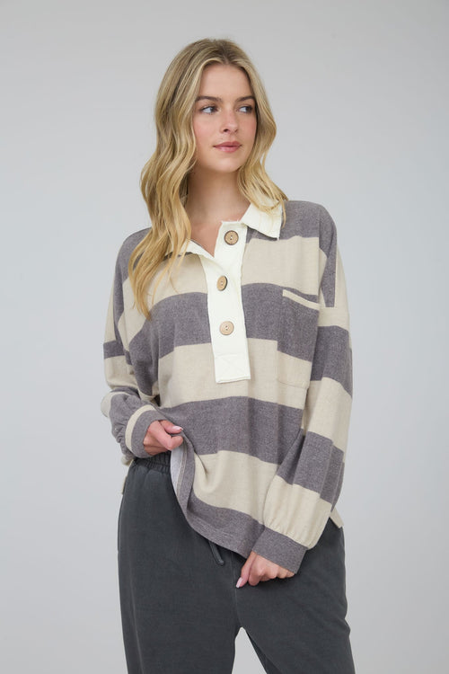 Washed Stripe Contrast Collar Knit Top - Chandeliers Boutique ny