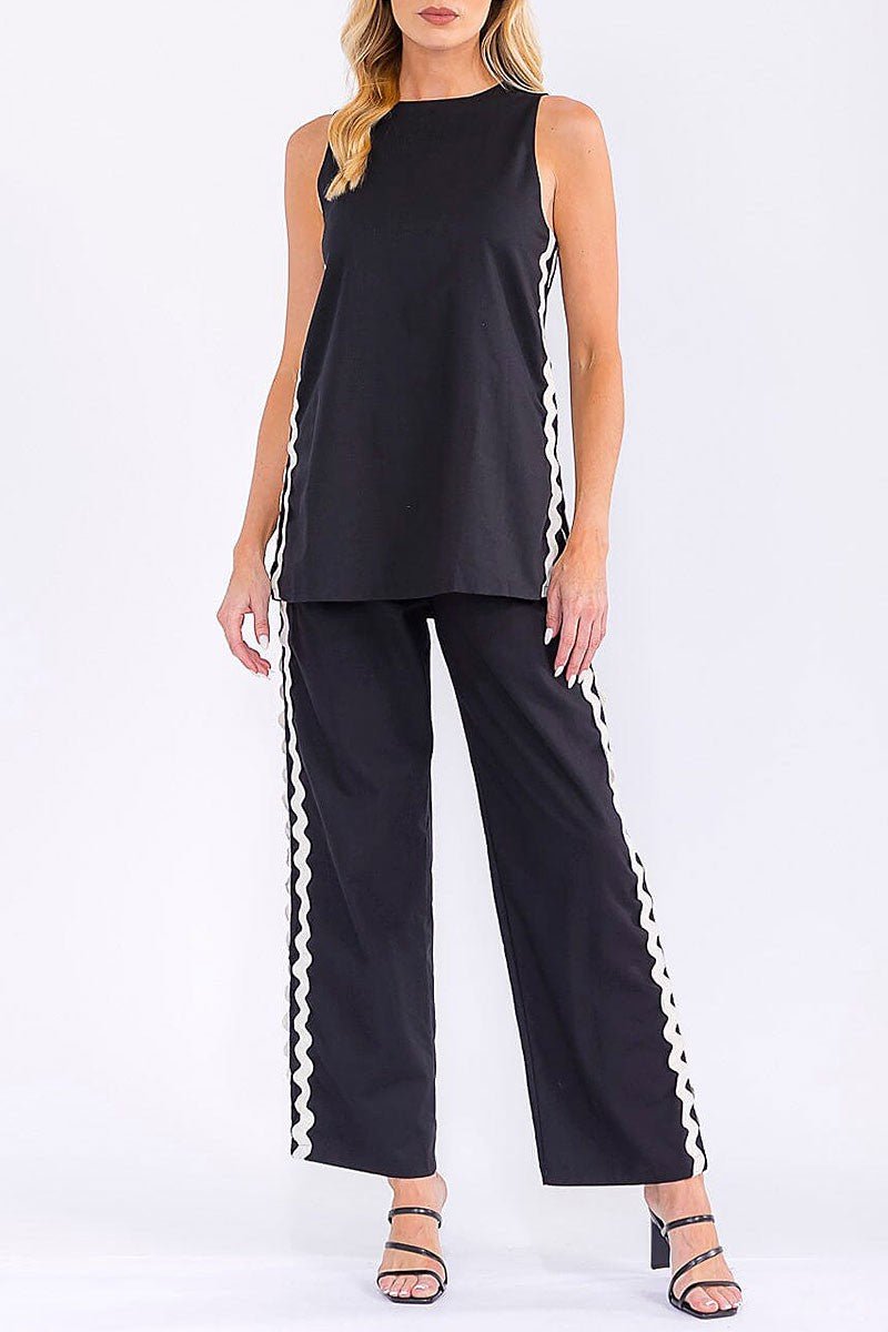 Wide Leg Pants Trim Detailed - Chandeliers Boutique ny