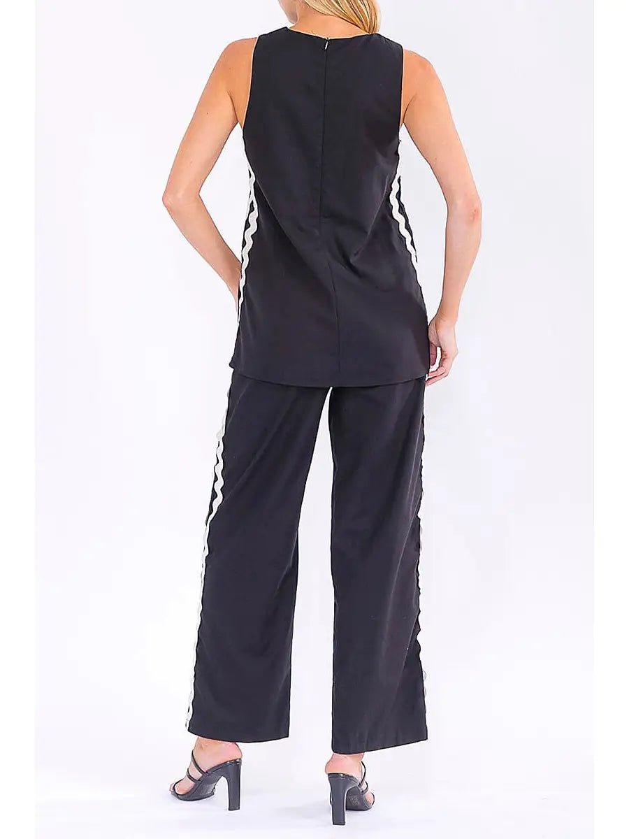 Wide Leg Pants Trim Detailed - Chandeliers Boutique ny