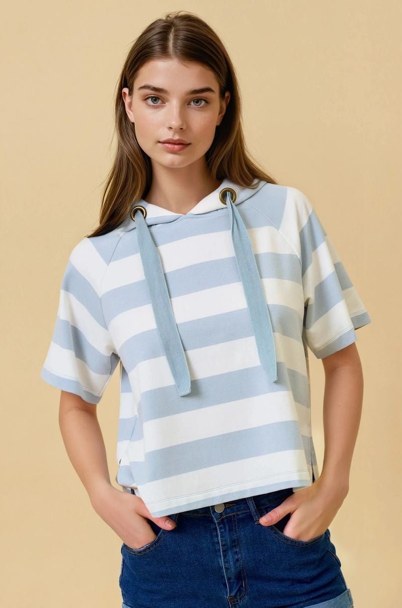 Wide Striped Hoodie Short Sleeve Top - Chandeliers Boutique ny