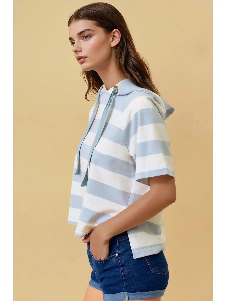 Wide Striped Hoodie Short Sleeve Top - Chandeliers Boutique ny