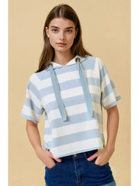 Wide Striped Hoodie Short Sleeve Top - Chandeliers Boutique ny