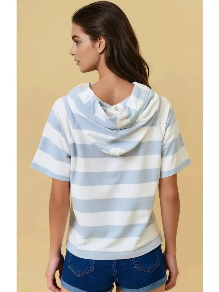 Wide Striped Hoodie Short Sleeve Top - Chandeliers Boutique ny