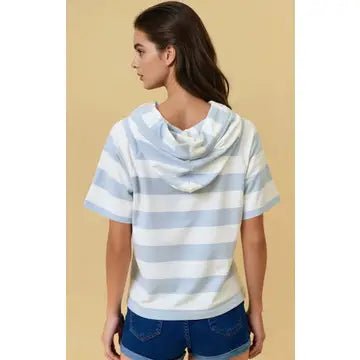 Wide Striped Hoodie Short Sleeve Top - Chandeliers Boutique ny