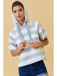 Wide Striped Hoodie Short Sleeve Top - Chandeliers Boutique ny