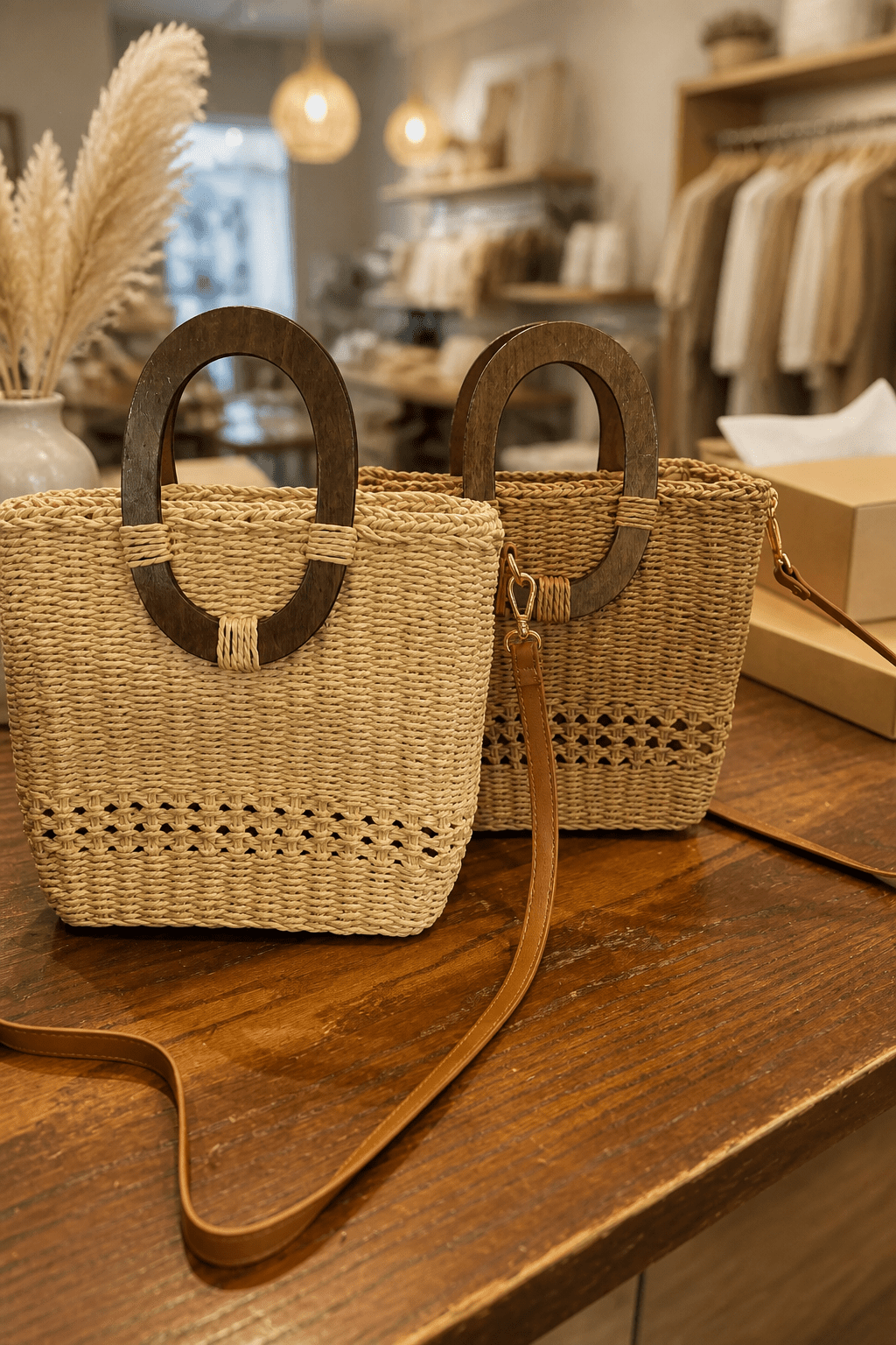 Wood Handle Straw Bag - Chandeliers Boutique ny