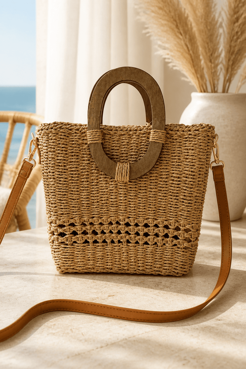 Wood Handle Straw Bag - Chandeliers Boutique ny