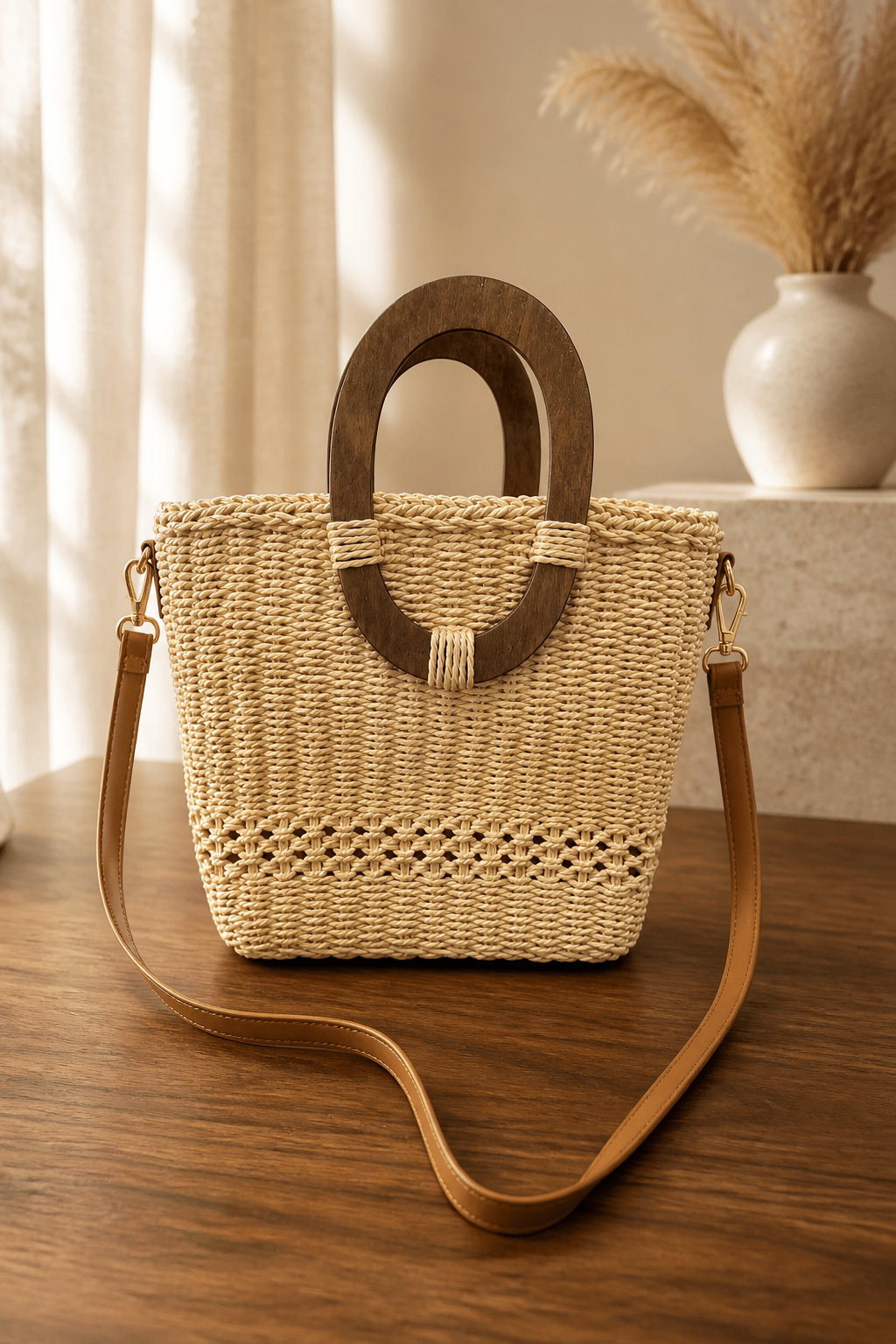 Wood Handle Straw Bag - Chandeliers Boutique ny