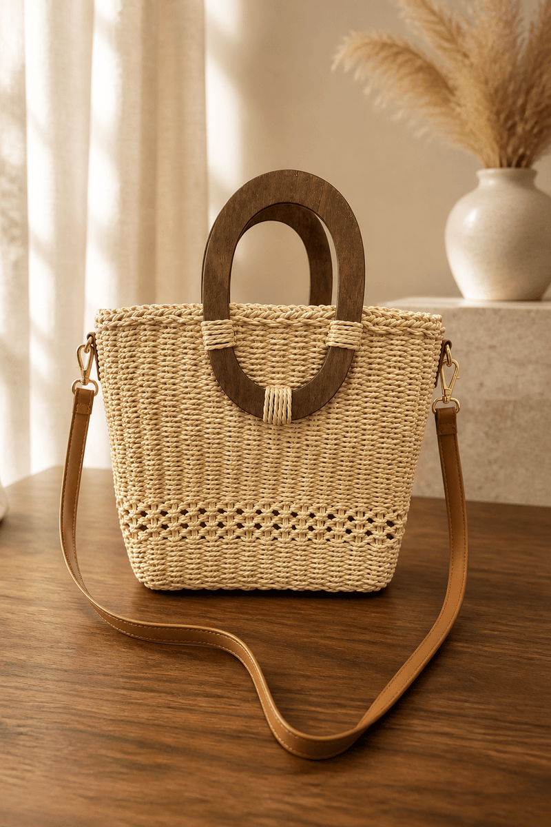 Wood Handle Straw Bag - Chandeliers Boutique ny