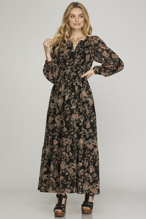 Woven Print Tiered Maxi Dress - Chandeliers Boutique ny