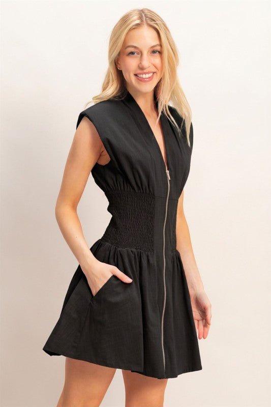 Zip Front Shirred Waist Dress - Chandeliers Boutique ny
