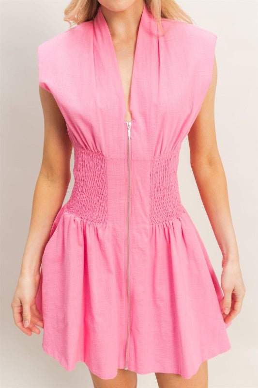 Zip Front Shirred Waist Dress - Chandeliers Boutique ny