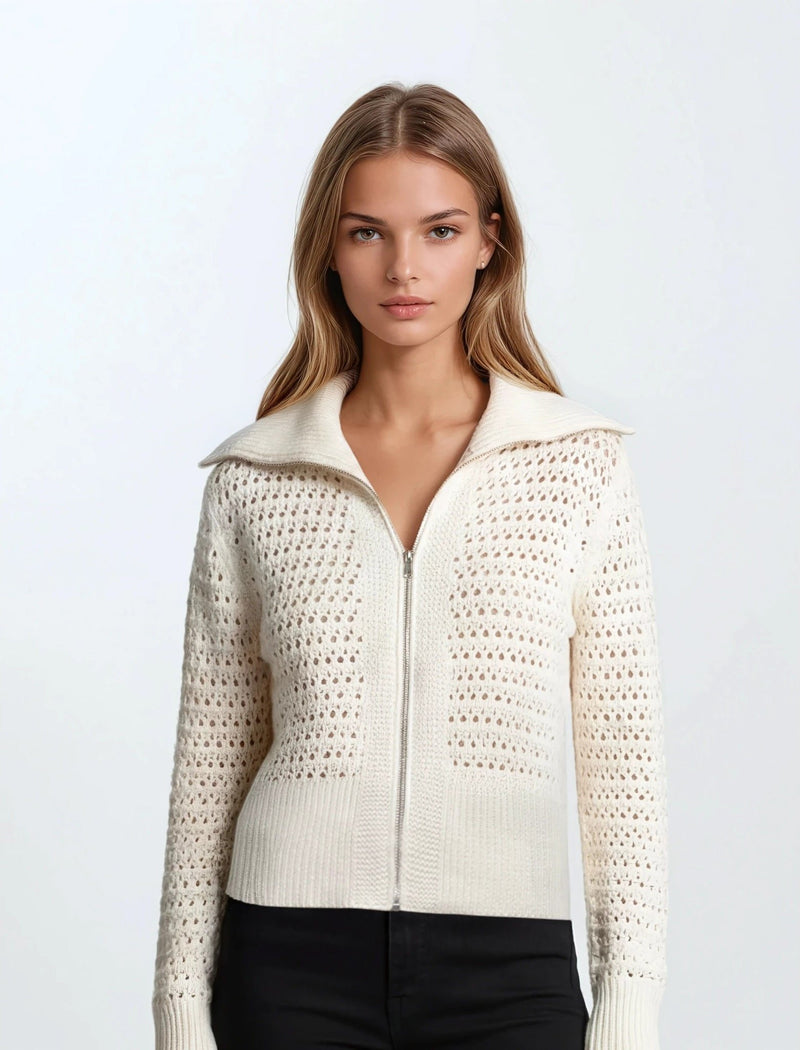 Zip - up Pointelle Open Knit Sweater Jacket - Chandeliers Boutique ny