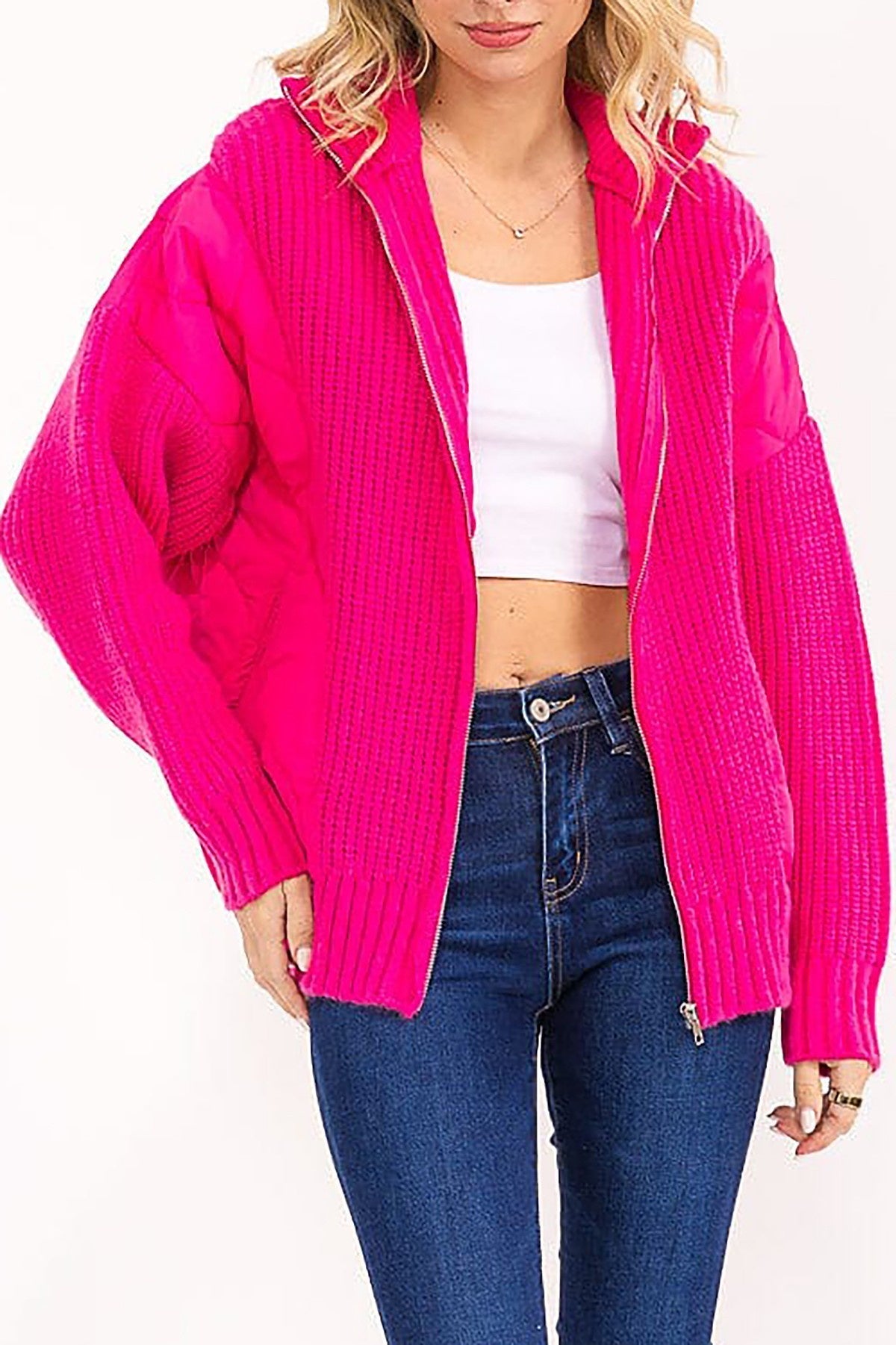 Zipper Closure Front Pockets Contrast Jacket - Chandeliers Boutique ny